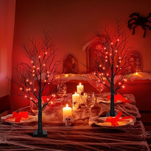 Halloween Decorations Indoor 2 Pack 24 Inch Black Halloween Tree with 48 Orange Red Led Lights, Timer/USB/Battery Operated Lighted Tabletop Spooky Tree for Halloween Table Decor Home Office Party