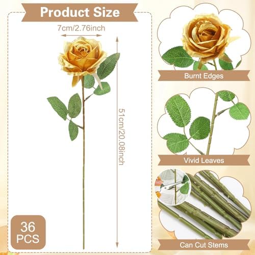 36 Pcs Gold Artificial Roses with Long Stems