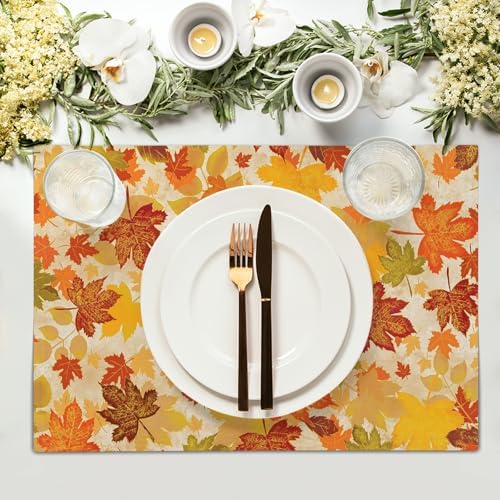 Fall Placemats Set of 4 18x12 Inch Autumn Maple Leaves Linen Place Mats Heat-Resistant Washable Wipeable Orange Season Holiday Table Mat for Party Kitchen Dining Room Dinner Table Decor