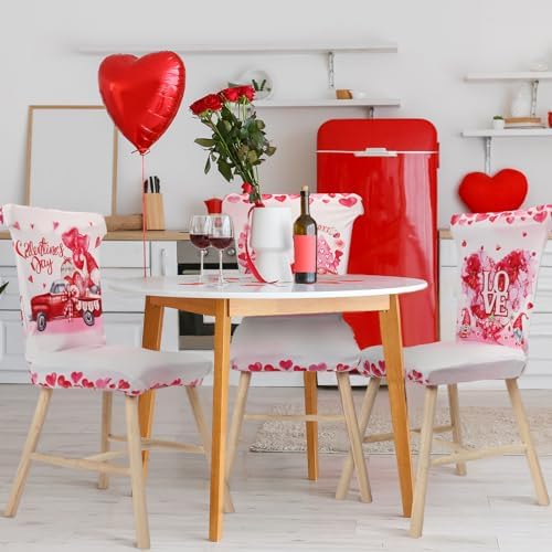 Preboun Valentine's Day Chair Covers Set of 6 Valentines Dining Protector Stretch Red Heart Removable Washable Valentine Gnome Red Truck Slipcovers for Dining Hotel Party Wedding