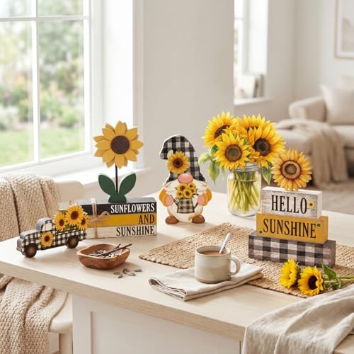 11 Pcs Sunflower Table Centerpiece Decorations, Wooden Stacked Sign