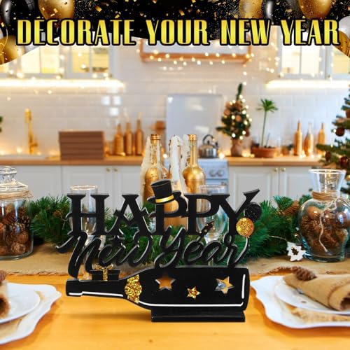 Amyhill 2026 Happy New Year Wood Sign Wooden Black Gold Glitter Tabletop Decorations 2026 Table Centerpiece for New Year Eve Party Supplies Home Decorations