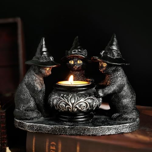 Halloween Black Cat Witches Tealight Candle Holder, Gothic Resin Statue with Decorative Cauldron, Indoor Home Decor (Black)