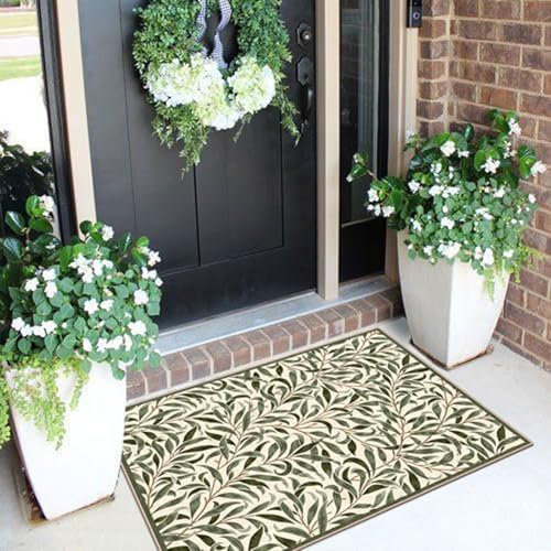 Front Door Mat Outside Entrance, 2x3 Boho Sage Olive Green Leaf Rug