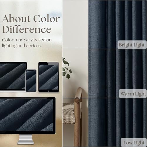 TWODRAPES Navy Blue Linen Pinch Pleated Curtains 96 Inches Long 2 Panels