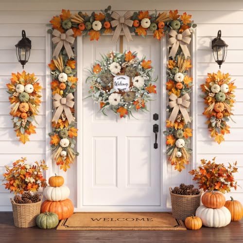 Sggvecsy Fall Wreath 23’’ Autumn Front Door Wreath Harvest Wreath with Welcome Sign Pumpkins Maple Leaves Lambs Ear Pine Needles for Outside Indoor Wall Festival Thanksgiving Autumn Decor