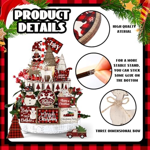 Shellwei 21 Pcs Christmas Tiered Tray Decor Set Wood Rustic Buffalo Plaid Christmas Decoration Winter Farmhouse Decor Xmas Trees Gnome Elk Snowflake Signs for Table Shelf Home Centerpiece (Plaid)
