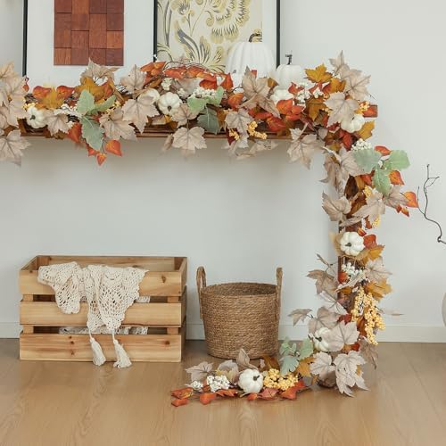 MIZII Fall Decor Artificial Maple Leaf Pumpkin Garland 6FT Fake Autumn Vines Garland Thanksgiving Halloween Harvest Decorations for Porch Mantle Table Centerpieces Fireplace Farmhouse (White PK)
