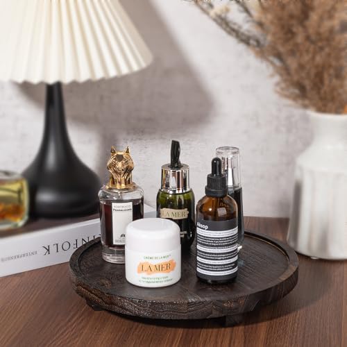 Round Decorative Tray Wood Bathroom Counter Organizer Farmhouse Kitchen / Dark Brown / Set of 10