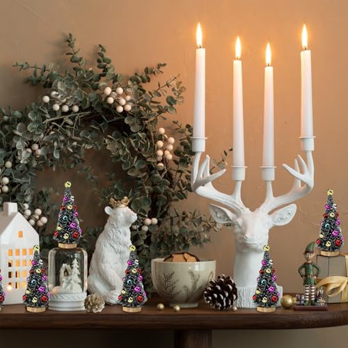 Winlyn 6 Pcs Artificial Mini Christmas Trees 4.3 Inch Frosted Green Bottle Brush Trees with Wood Bases Sisal Trees with White Snow and Ornaments for Winter Christmas Holiday Dollhouse Miniature Décor