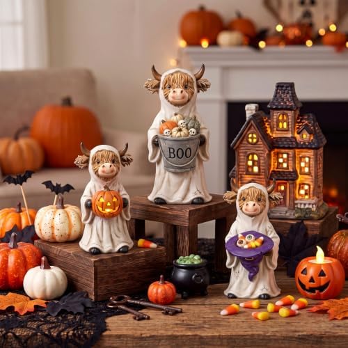 3 Pcs Halloween Highland Cow Figurines, Ghost with Pumpkin Decor