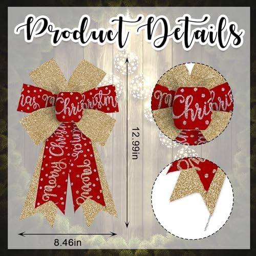 Hying 2 Pieces Christmas Bows for Wreath, Christmas Wreath Bow Glitter Golden Red Bows Winter Xmas Craft Bows Ornaments for Front Door New Year Christmas Party Decoration Supplies