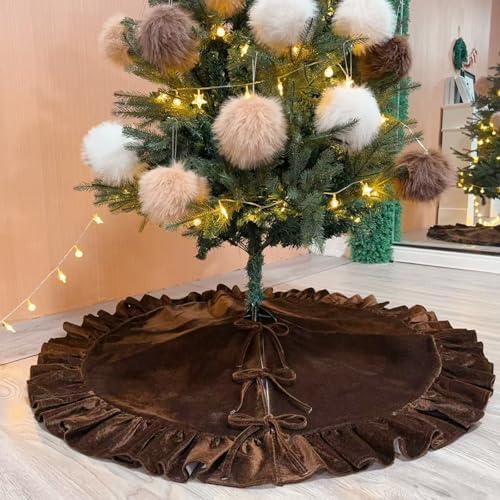 Velvet Christmas Tree Skirt Brown 60 inch Ruffled Holiday Tree Skirt for Rustic Xmas Tree Decoration