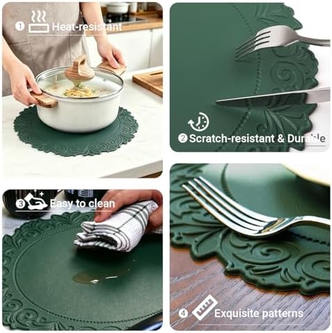 Round Faux Leather Placemats Set of 6, Dining Table Mats, Green