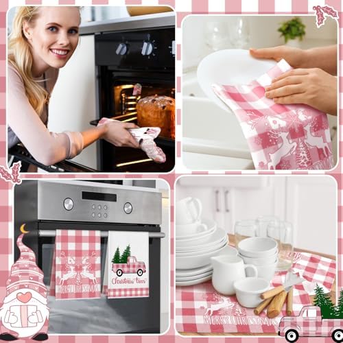 Sratte 6 Pcs Pink Christmas Kitchen Towels, Gnome Buffalo Plaid Dish Towel