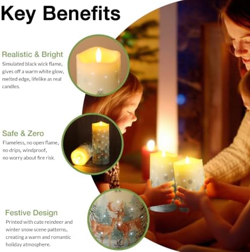 Eywamage Fiber Optic Christmas Flameless Pillar Candles with Remote, Flickering Forest Deer Holiday LED Battery Candles Set of 3