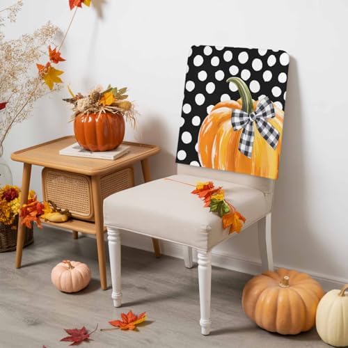 Fall Chair Covers Set of 4 Orange Pumpkin Chair Slipcover Protector Removable Stretch Chair Covers Bow Black White Polka Dots Thanksgiving Chair Back Covers for Dining Chairs Kitchen Holiday Party