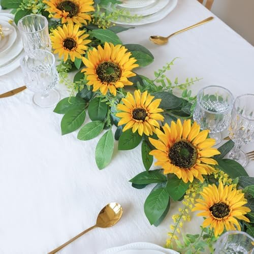 Mizii Artificial Sunflower Garland 6FT Fake Silk Sunflowers Flower Garland Autumn Hanging Vines Decorations for Kitchen Table Centerpieces Room Wall Party Wedding Birthday Fall Decor (Yellow)