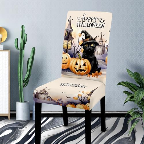 Halloween Dining Chair Covers Set of 4-Only Chair Covers,Stretchable Parsons Chair Slipcovers 4 Pieces Pumpkin Castle Black Cat Pattern Chair Covers for Kitchen Dining Room,Beige