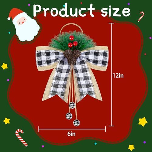 codree 6 Pcs Christmas Burlap Plaid Bows with Pine Cones Pine Needles