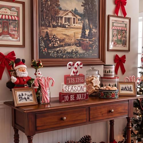 Lineshading 4 Pcs Christmas Table Decorations, Red White Candy Wood Signs