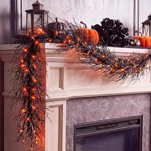 Thiccywoov Halloween Lighted Creepy Black Twig Vines Garland for Mantle