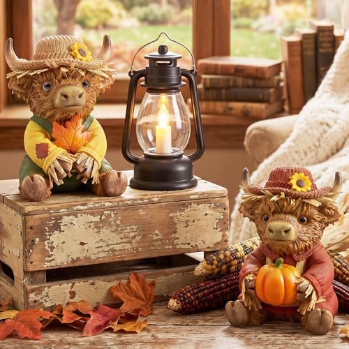 Simgoing 2 Pcs Fall Thanksgiving Highland Cow Resin Scarecrow Cow Decor