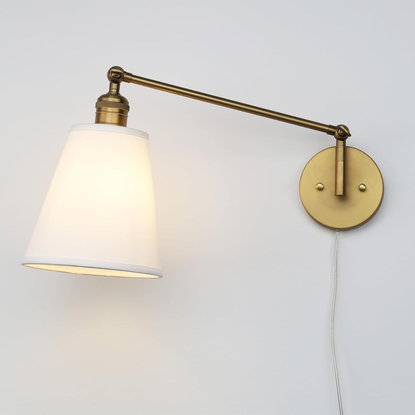 Retro Swing Arm Wall Sconce Plug in Wall Lamp Single Sconce Light Fixture with White Fabric Shade for Bedroom Living