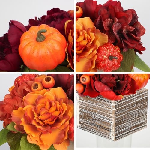 DILATATA Fall Decor Autumn Harvest Pumpkins Centerpiece - Artificial Peony Arrangement in Wooden Box for Thanksgiving Party Mantel Fall Decor