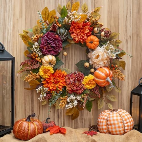 Fall Wreaths for Front Door Outside 24 Inch,Rustic Harvest Autumn Wreath