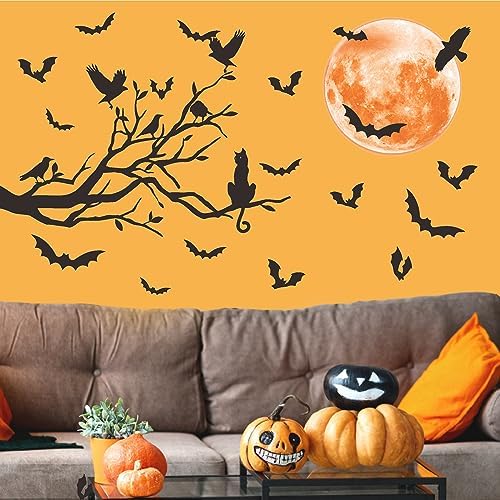 Halloween Moon Bat Wall Sticker Black Tree Branch Crow Wall Decals Clings
