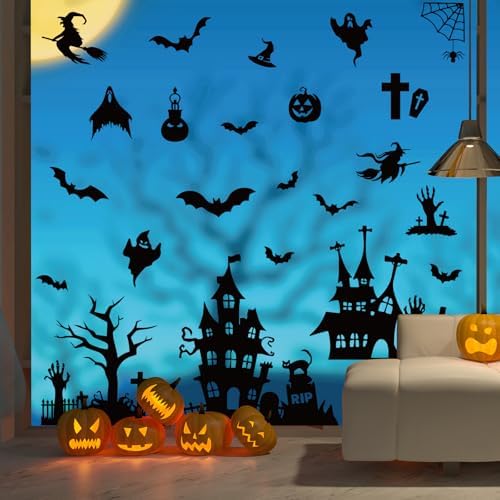 Whaline 6 Sheets Halloween Window Clings Black Castle Graveyard Bat Silhouette Reusable Window Decals for Spooky Holiday Haunted House Home Office School Glass Decor
