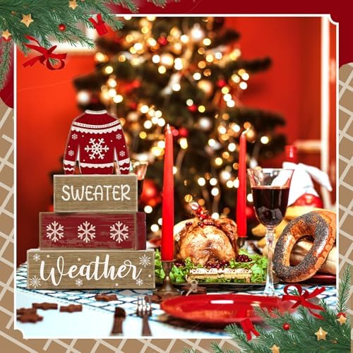 Lineshading 4 Pcs Christmas Table Decoration Wooden Block Signs Sweater