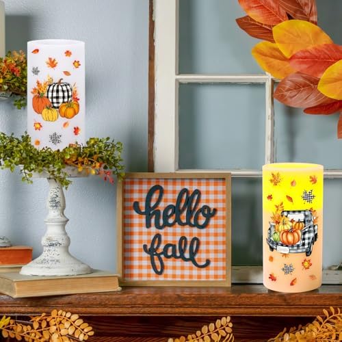 Whaline Fall LED Flameless Candles Plaid Pumpkin Truck Warm Light Battery Operated Pillar Candles Autumn Electric Flickering Candle for Thanksgiving Party Home Decor, Set of 3
