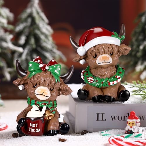 Karenhi 2 Pcs Highland Cow Figurines, Christmas Hot Cocoa Decor