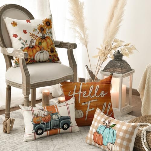 AVOIN colorlife Hello Fall Scarecrow Pillow Covers 18x18 Inch Set of 4