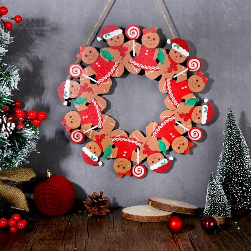 Merry Christmas Gingerbread Man Front Door Wreath, Xmas Wooden Gingerbread Boy Hanging Sign Christmastree Topper Ornament Wall Door Candy Hanger Outdoor Outside Porch Party Decor Supplies