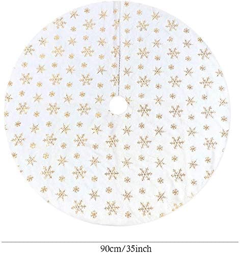 Christmas Tree Skirt 36 inches White Faux Fur Gold Snowflake Sequin Embroidered Luxury Tree Skirt Xmas Decoration