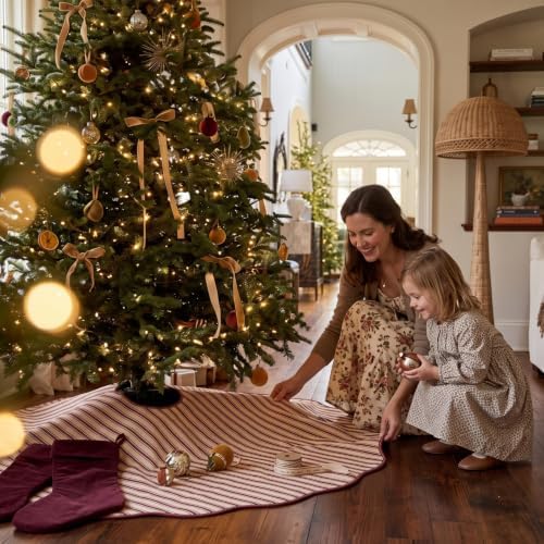 Soaoo 48" Dark Red Striped Christmas Tree Skirt, Primitive Xmas Tree Skirt