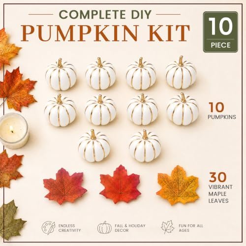DomeStar 10 PCS White Foam Pumpkins with Gold Lines, Artificial Pumpkins