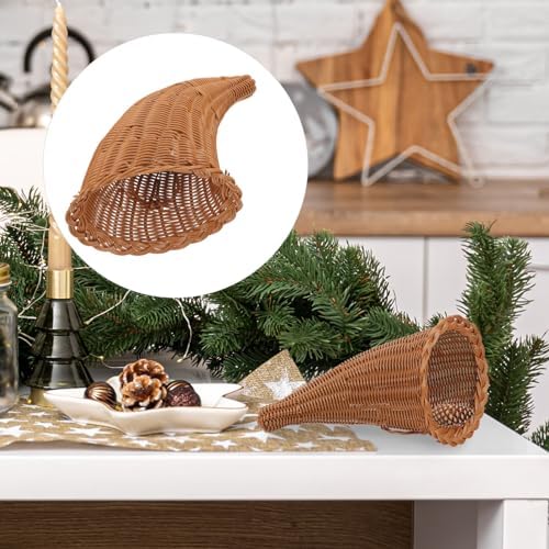 Gadpiparty Thanksgiving Wicker Cornucopia Basket Horn of Plenty Grapevine Harvest Fall Basket Rattan Storage Basket Decorative Fruit Basket Bread Serving Basket for Christmas Table Decor