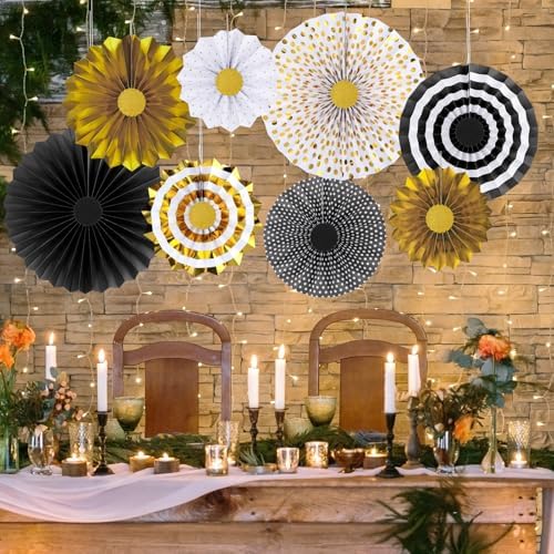 8 PCS Black Gold Party Hanging Paper Fans Decorations,Round Flower Paper Pompoms Fan for Photo Backdrop Halloween Graduation Birthday Wedding Party Decorations
