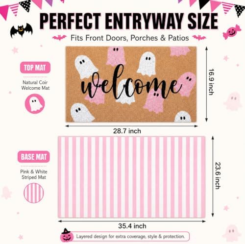 Tinideya 2 Pcs Halloween Ghost Layered Doormat Set, Pink White