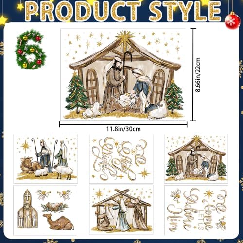 DULEFUN Christmas Window Clings 6 Sheets Jesus Nativity Window Stickers Decals Double-Sided Christmas Glass Window Decoration for Xmas Home Kitchen Office Decor Winter Holiday New Year