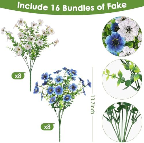16PCS UV Resistant Artificial Flowers for Outdoors, White + Blue