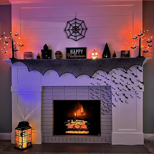 Halloween Fireplace Scarf, Black Lace Spiderweb Fireplace Mantle, Cobweb Fireplace Scarf for Halloween Party Door Window Decoration 18 x 96 inch