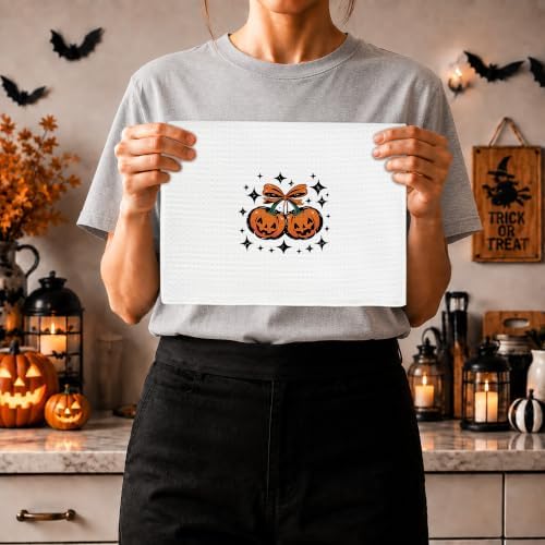 Halloween Pumpkin Fall Kitchen Towels, Coquette Orange Bow Ghost Pumpkin Fall Hand Towels for Bathroom Decor, Preppy Halloween Autumn Dishcloths Dish Towel for Kitchen 16x24 Inches Set of 2