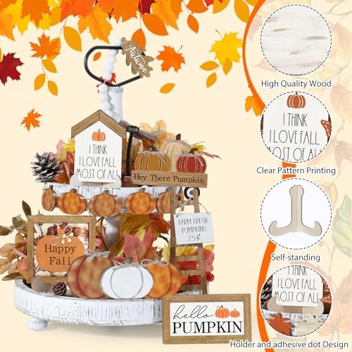 Reallnaive 18 Pcs Fall Thanksgiving Tiered Tray Decor Set Pumpkin Wood Sign Hello Fall Rustic Farmhouse Tray Decoration Tabletop Sign for Autumn Home Kitchen Festival(Classic Pumpkin)