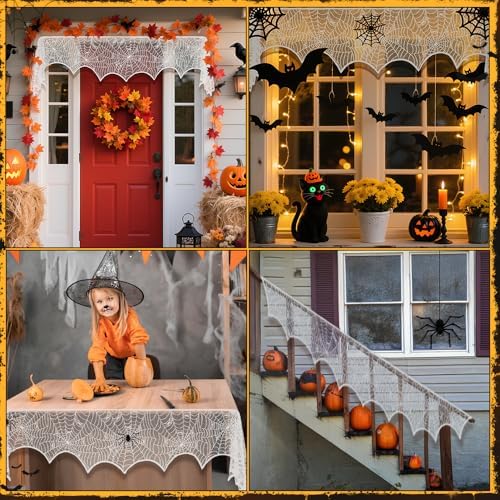 2 Pcs Halloween Mantle Scarf, White Lace Spiderweb Fireplace Mantel Scarf, Halloween Fireplace Decor Cover Garland for Door Window Indoor Curtain Festive Party Supplies, 18 x 83 Inch