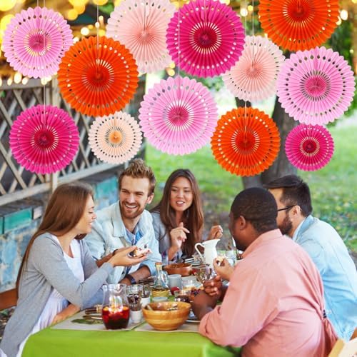 BestoFun 12PCS Paper Fans Orange and Hot Pink Party Decorations Tissue Paper Flowers Hanging Paper Fans Party Decorations for Girl Groovy Birthday Baby Shower Wedding Bachelorette Room Wall Décor